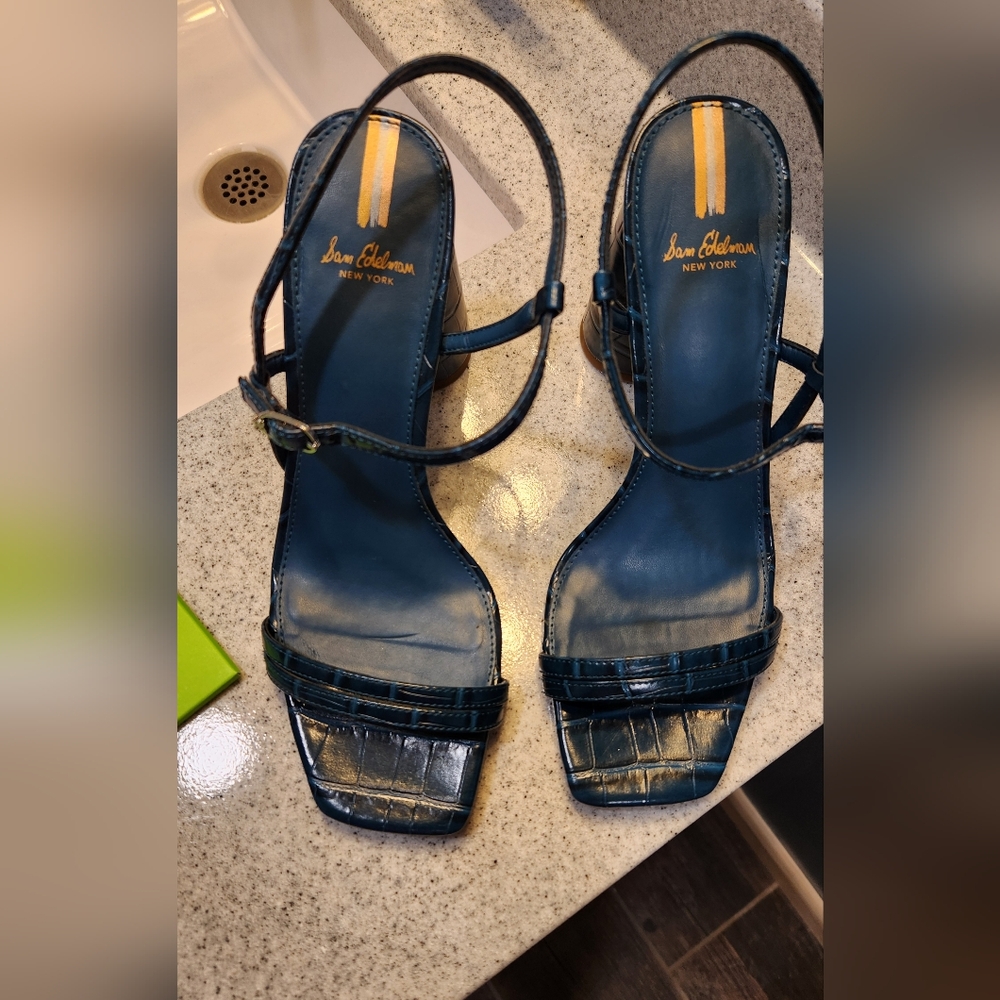 SAM EDELMAN Heels Slingback Block Heel Sandal Wild Indigo Croc Embossed